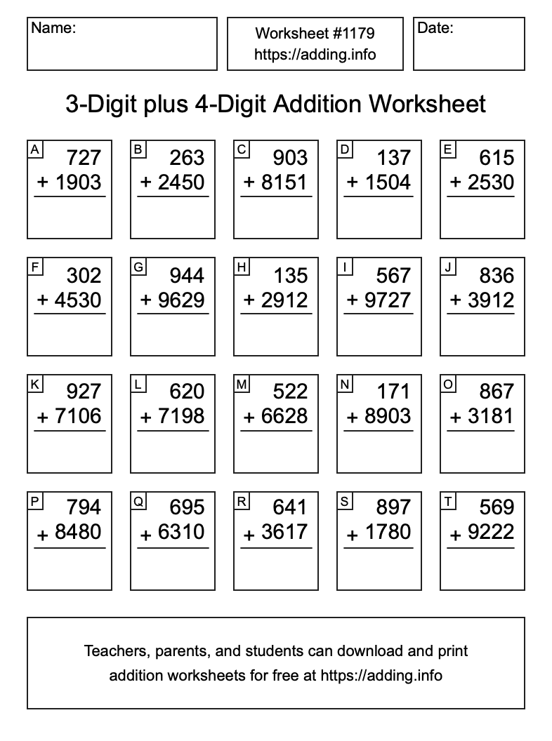 Addition Worksheet #1179 (3-Digit plus 4-Digit)
