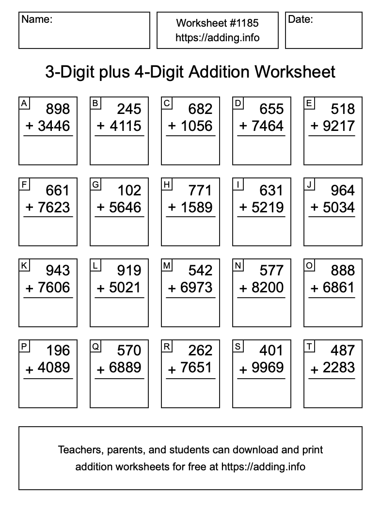 Addition Worksheet #1185 (3-Digit plus 4-Digit)
