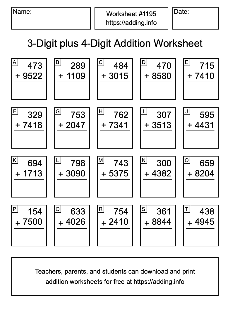 Addition Worksheet #1195 (3-Digit plus 4-Digit)