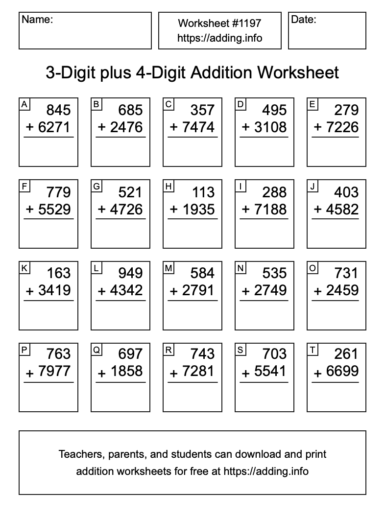 Addition Worksheet #1197 (3-Digit plus 4-Digit)