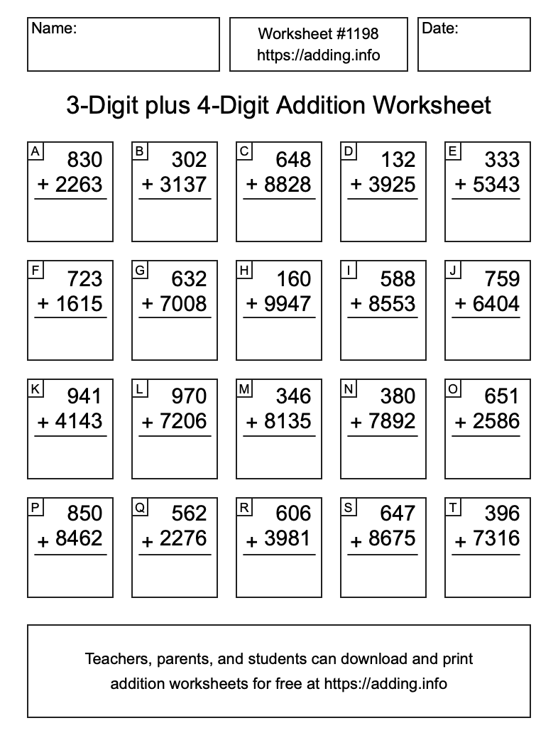 Addition Worksheet #1198 (3-Digit plus 4-Digit)