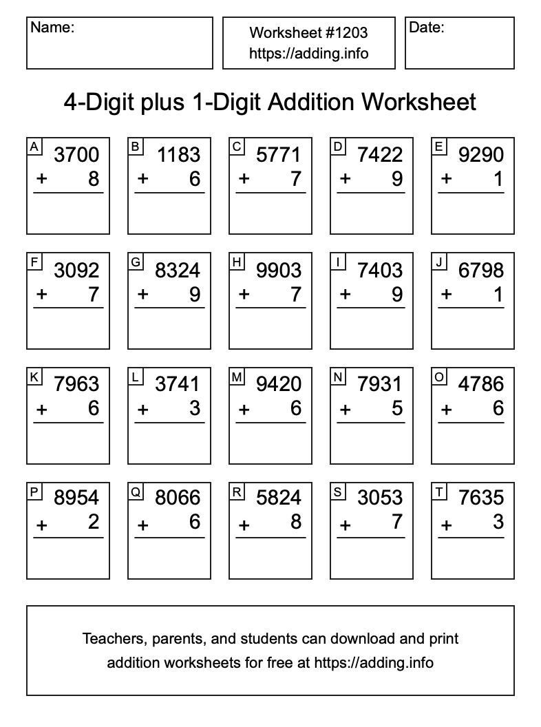 Addition Worksheet #1203 (4-Digit plus 1-Digit)