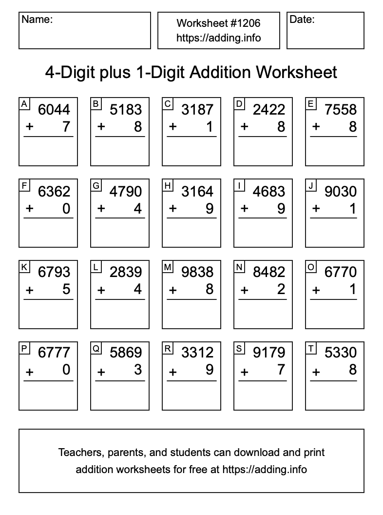 Addition Worksheet #1206 (4-Digit plus 1-Digit)