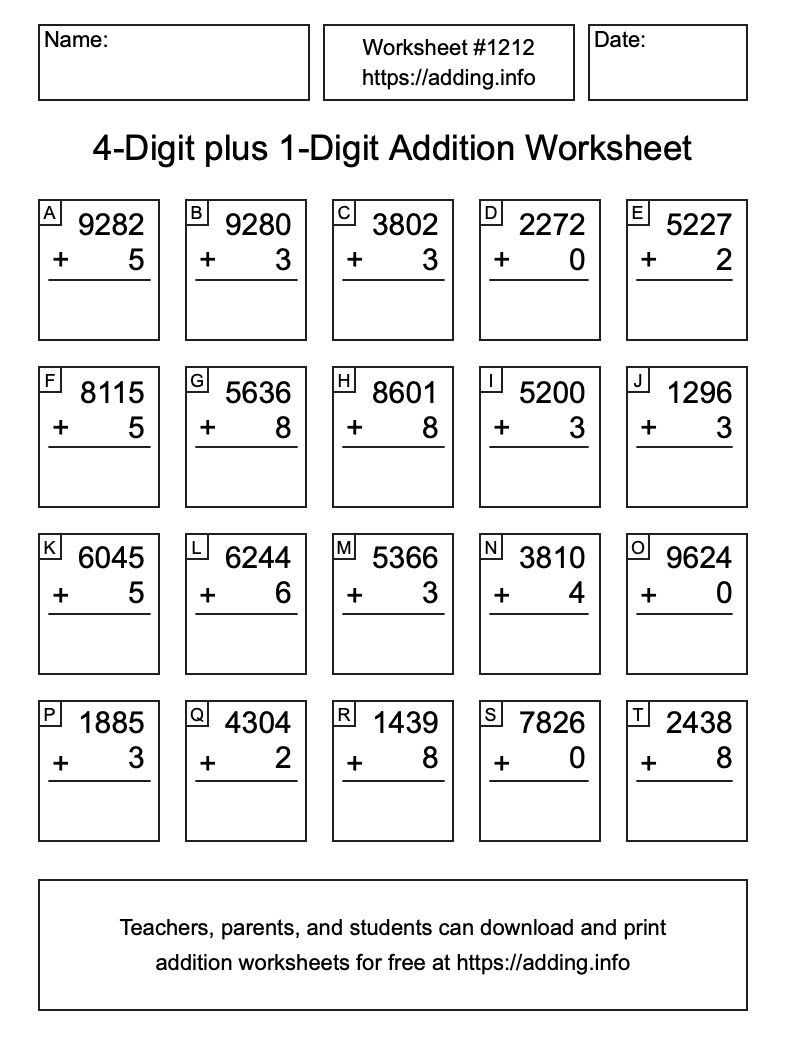 Addition Worksheet #1212 (4-Digit plus 1-Digit)