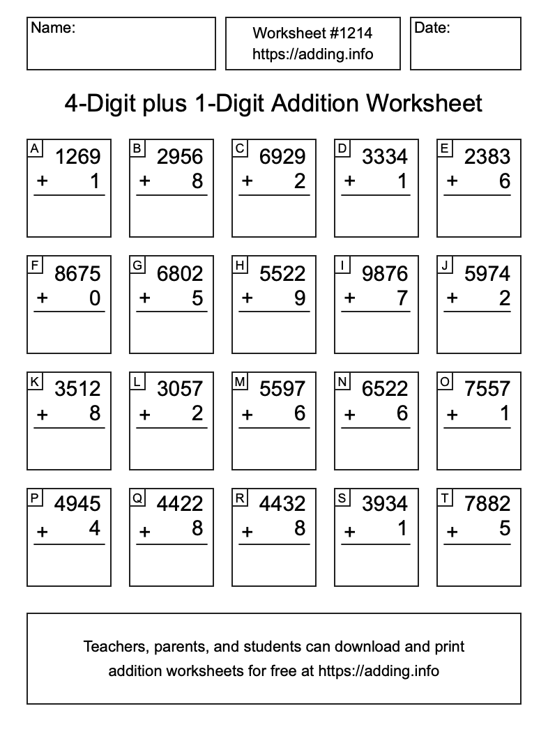 Addition Worksheet #1214 (4-Digit plus 1-Digit)