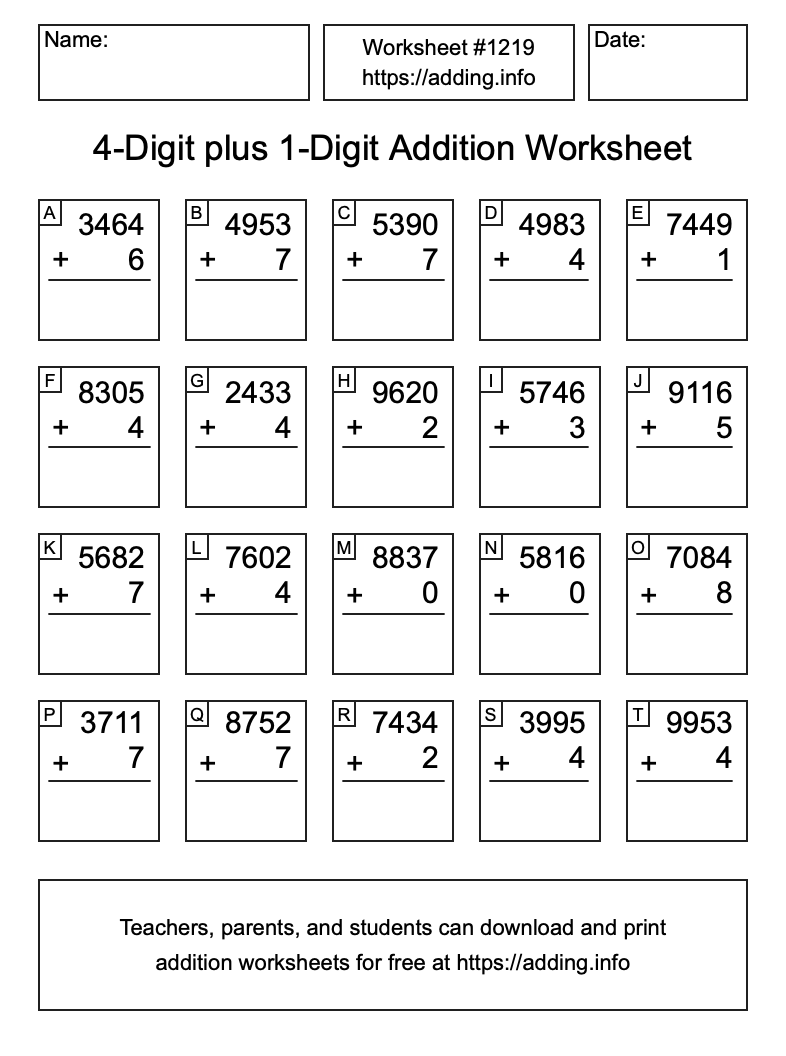Addition Worksheet #1219 (4-Digit plus 1-Digit)
