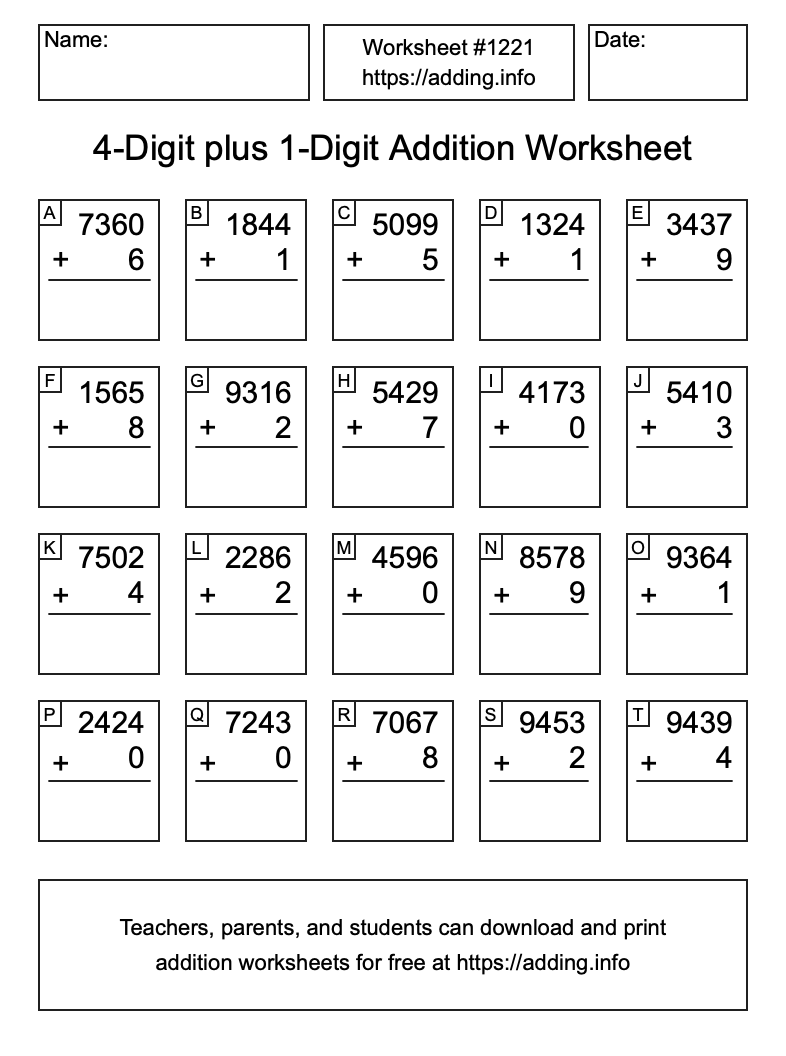 Addition Worksheet #1221 (4-Digit plus 1-Digit)