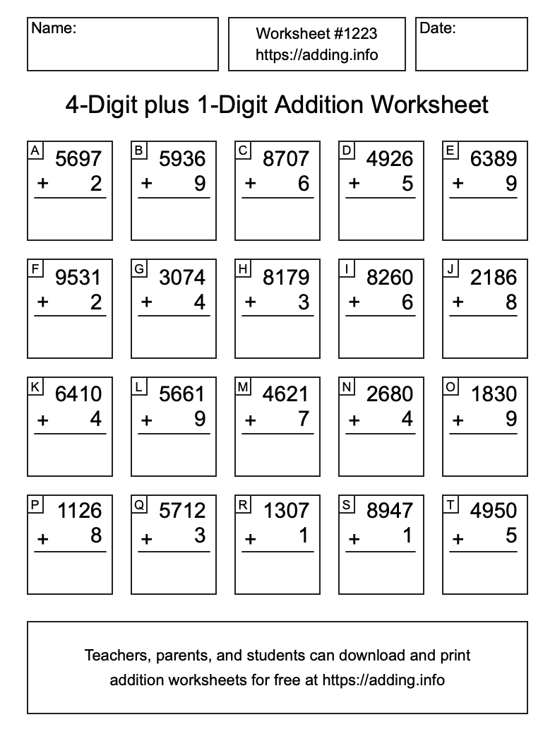 Addition Worksheet #1223 (4-Digit plus 1-Digit)