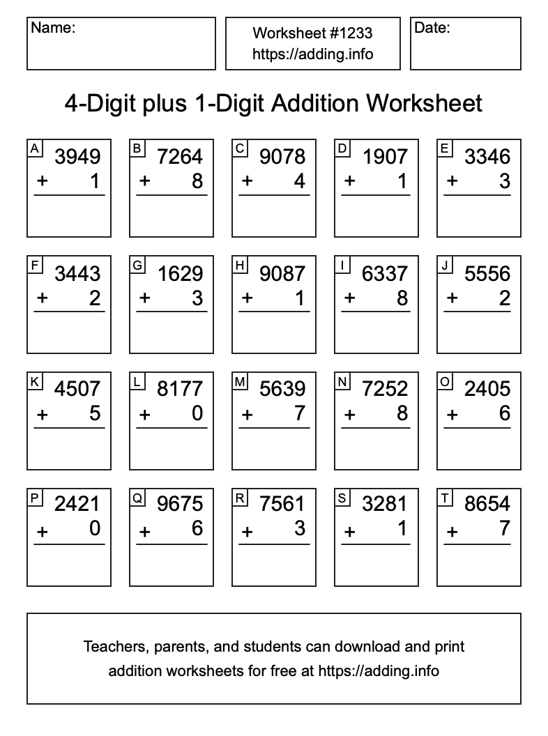 Addition Worksheet #1233 (4-Digit plus 1-Digit)