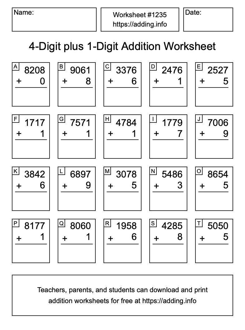Addition Worksheet #1235 (4-Digit plus 1-Digit)