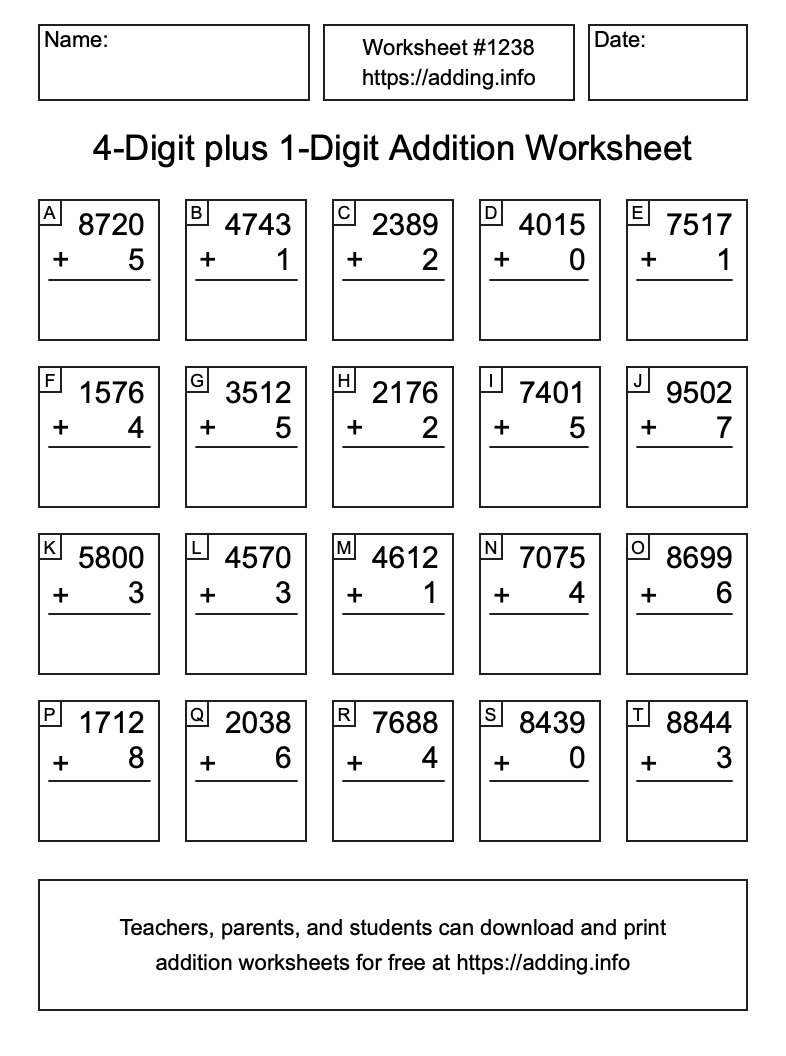 Addition Worksheet #1238 (4-Digit plus 1-Digit)
