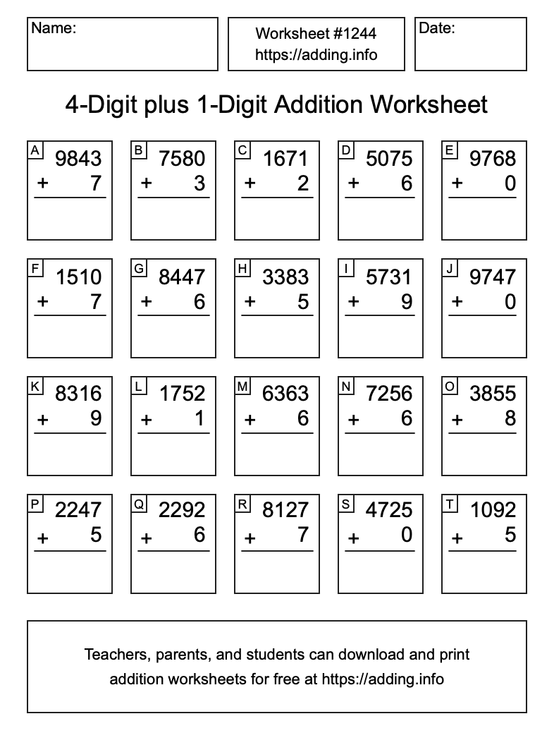 Addition Worksheet #1244 (4-Digit plus 1-Digit)