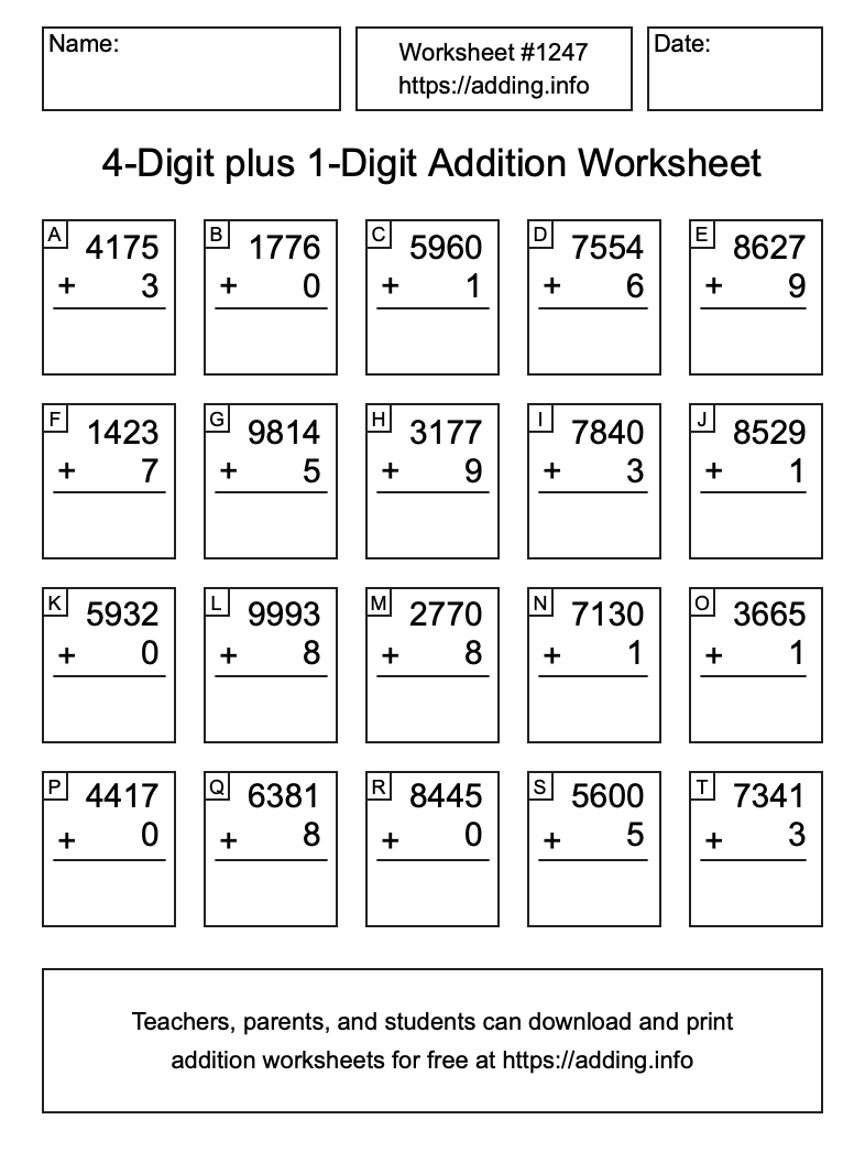 Addition Worksheet #1247 (4-Digit plus 1-Digit)