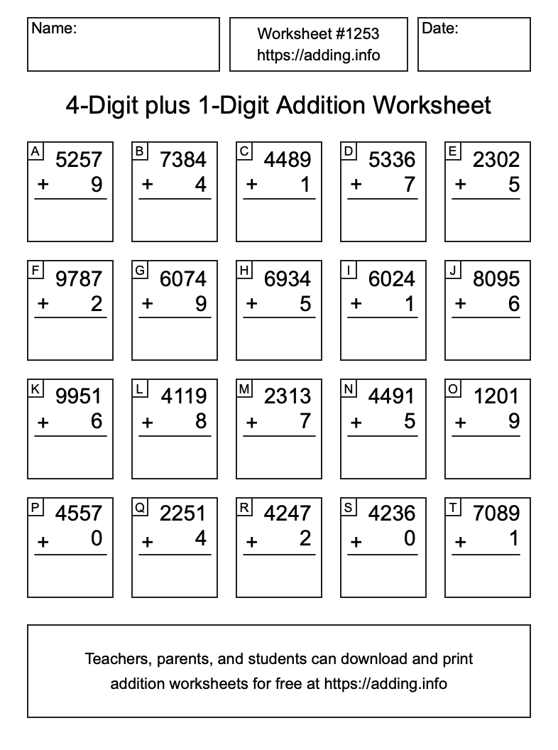 Addition Worksheet #1253 (4-Digit plus 1-Digit)