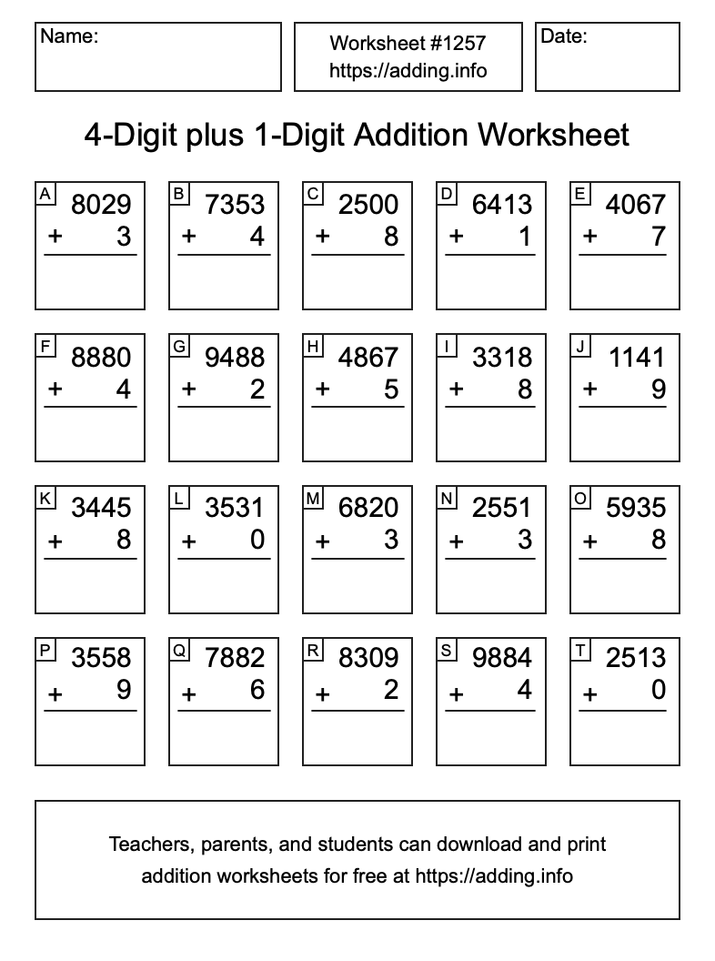Addition Worksheet #1257 (4-Digit plus 1-Digit)