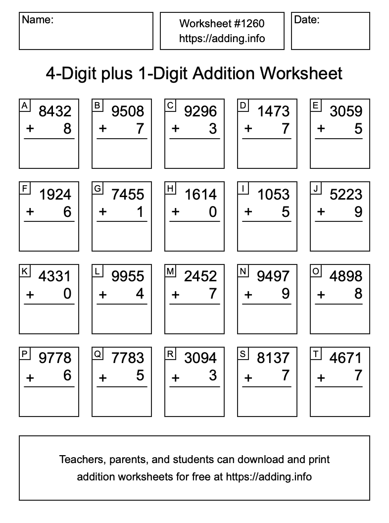 Addition Worksheet #1260 (4-Digit plus 1-Digit)