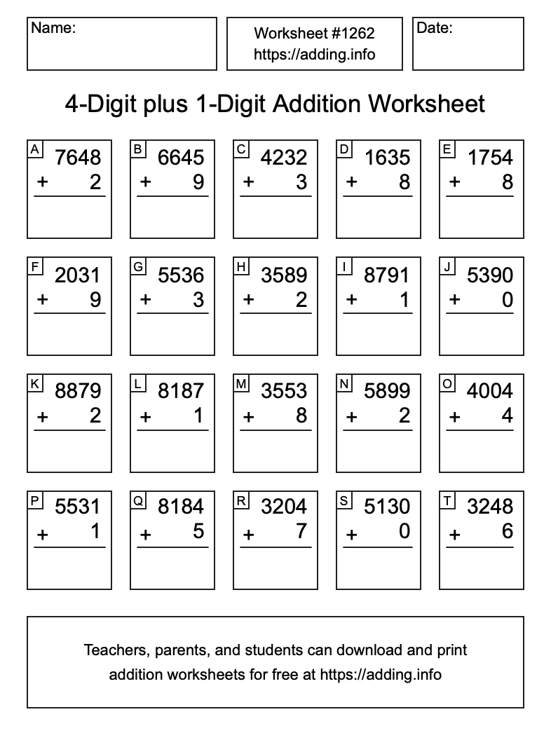 Addition Worksheet #1262 (4-Digit plus 1-Digit)