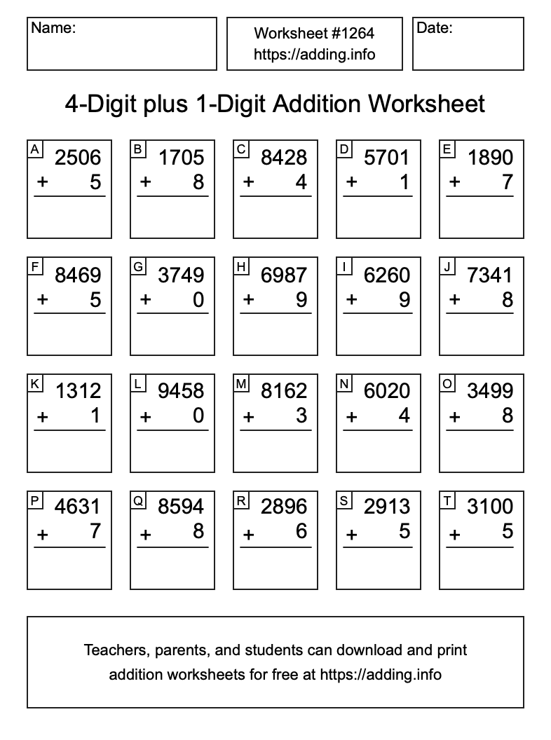 Addition Worksheet #1264 (4-Digit plus 1-Digit)