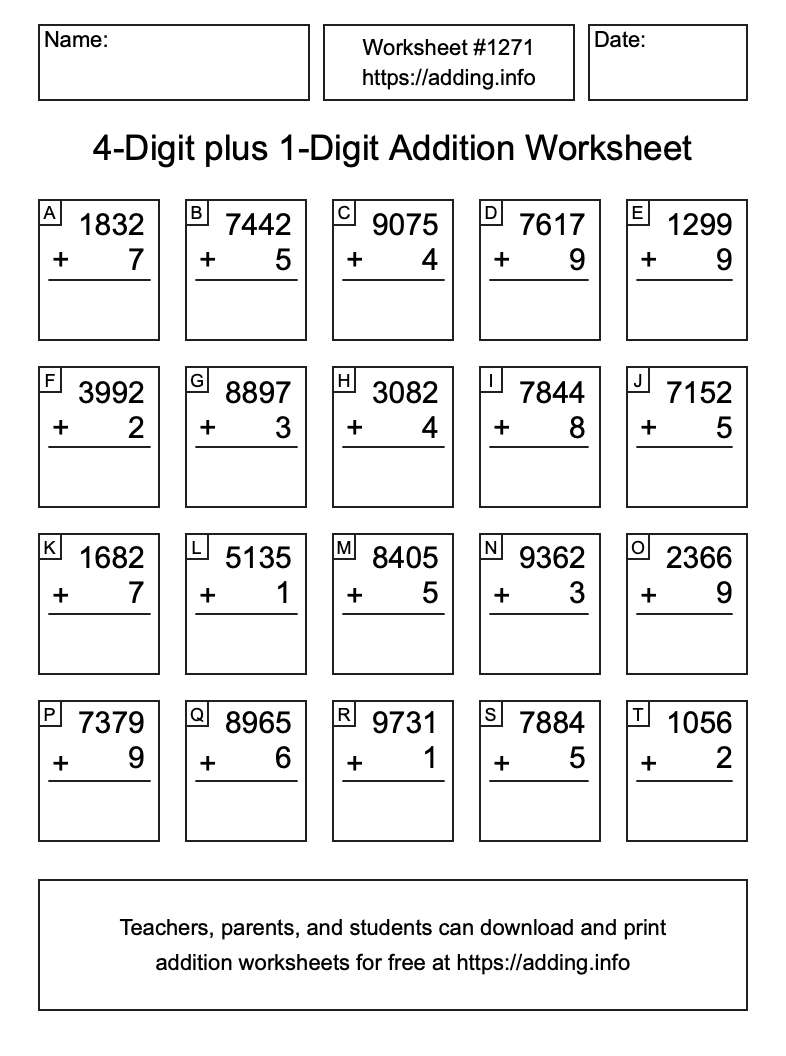 Addition Worksheet #1271 (4-Digit plus 1-Digit)