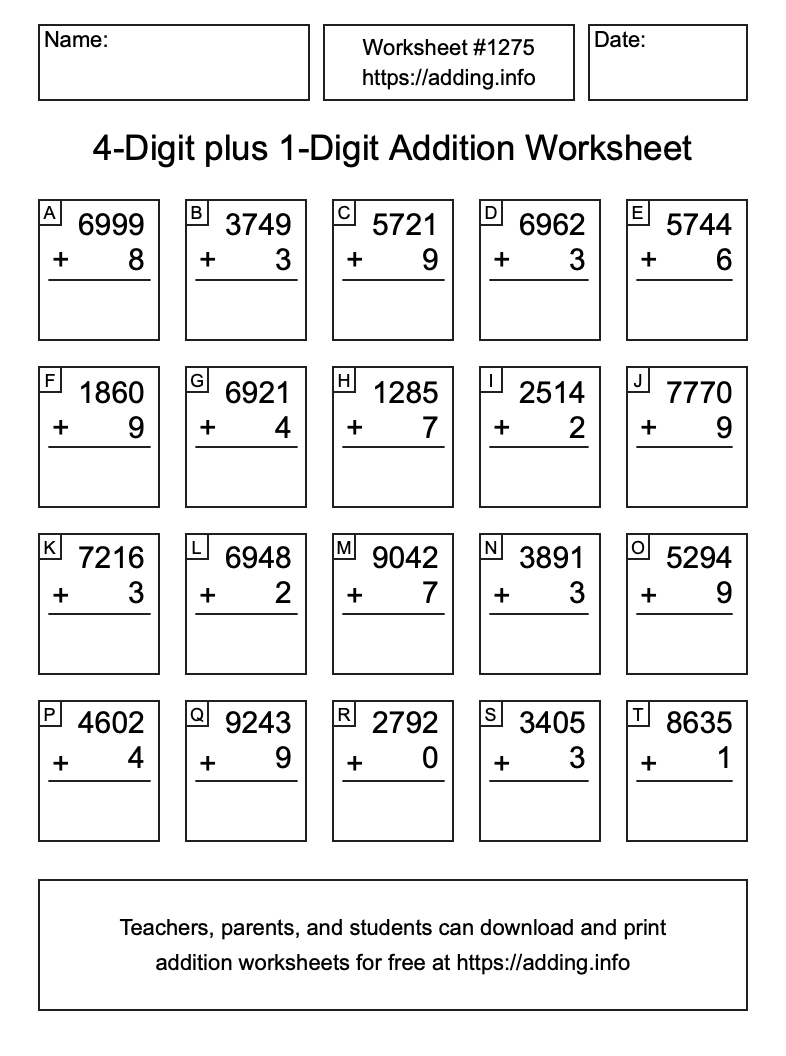 Addition Worksheet #1275 (4-Digit plus 1-Digit)