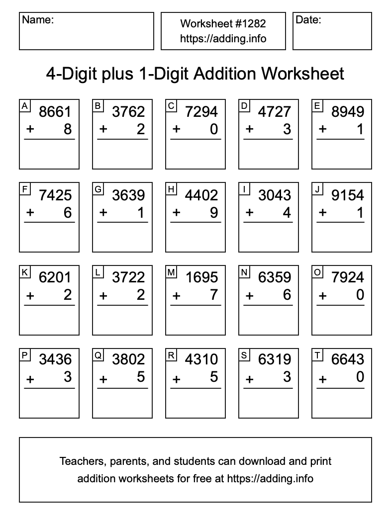 Addition Worksheet #1282 (4-Digit plus 1-Digit)