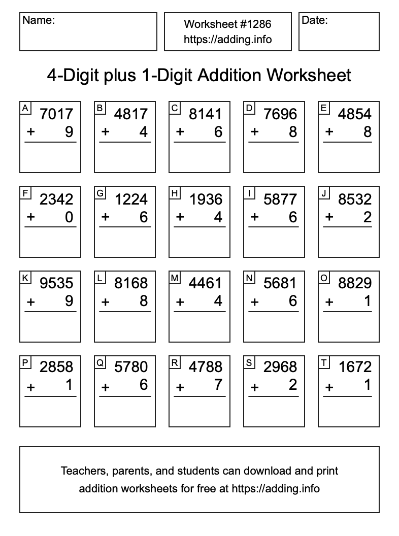 Addition Worksheet #1286 (4-Digit plus 1-Digit)