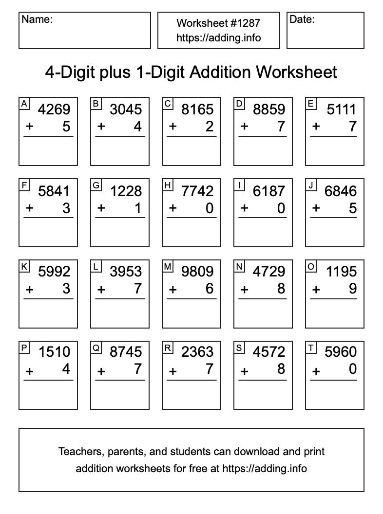 Addition Worksheet #1287 (4-Digit plus 1-Digit)