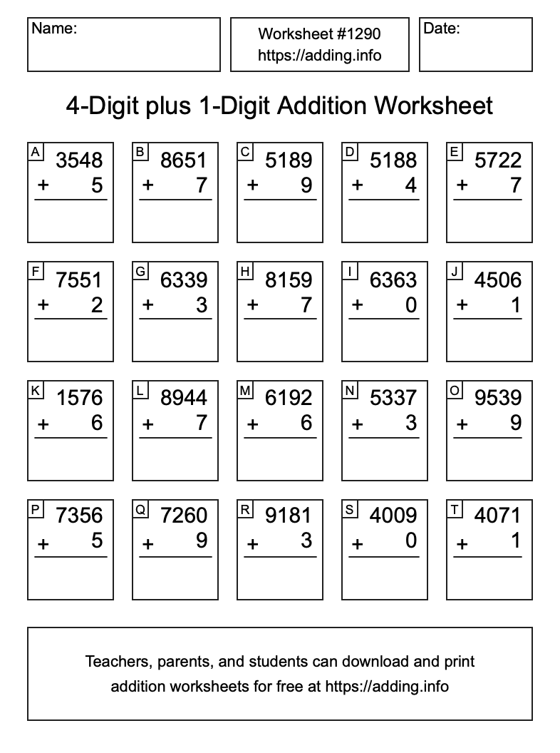 Addition Worksheet #1290 (4-Digit plus 1-Digit)