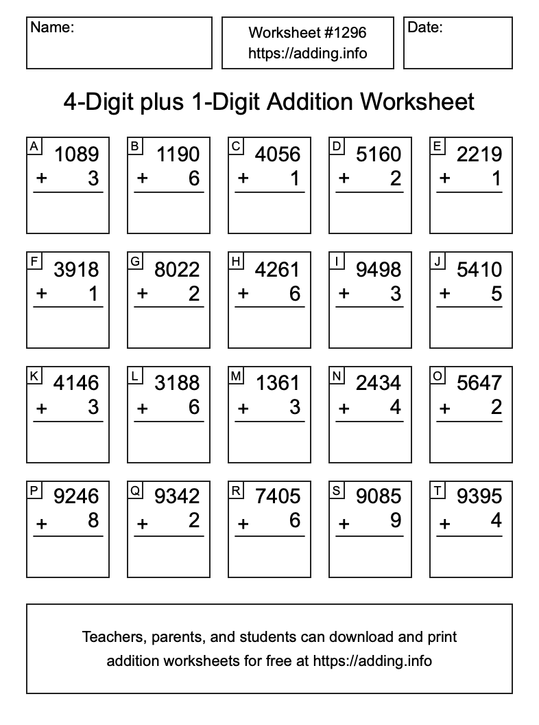 Addition Worksheet #1296 (4-Digit plus 1-Digit)