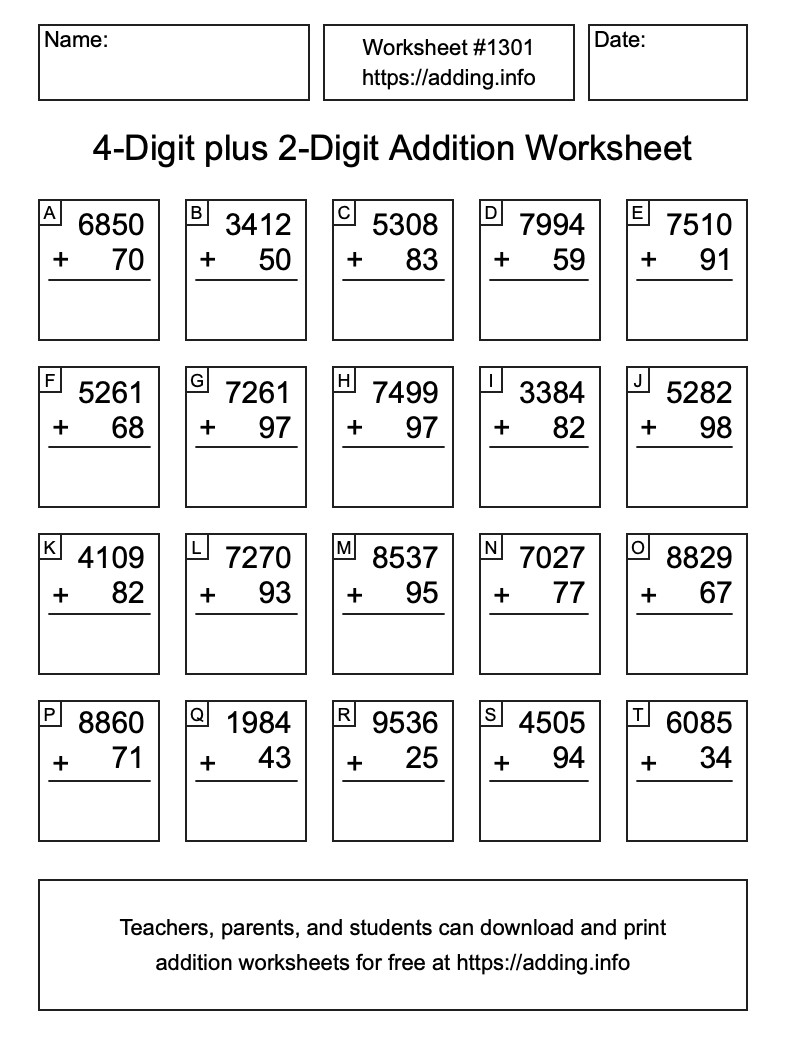 Addition Worksheet #1301 (4-Digit plus 2-Digit)
