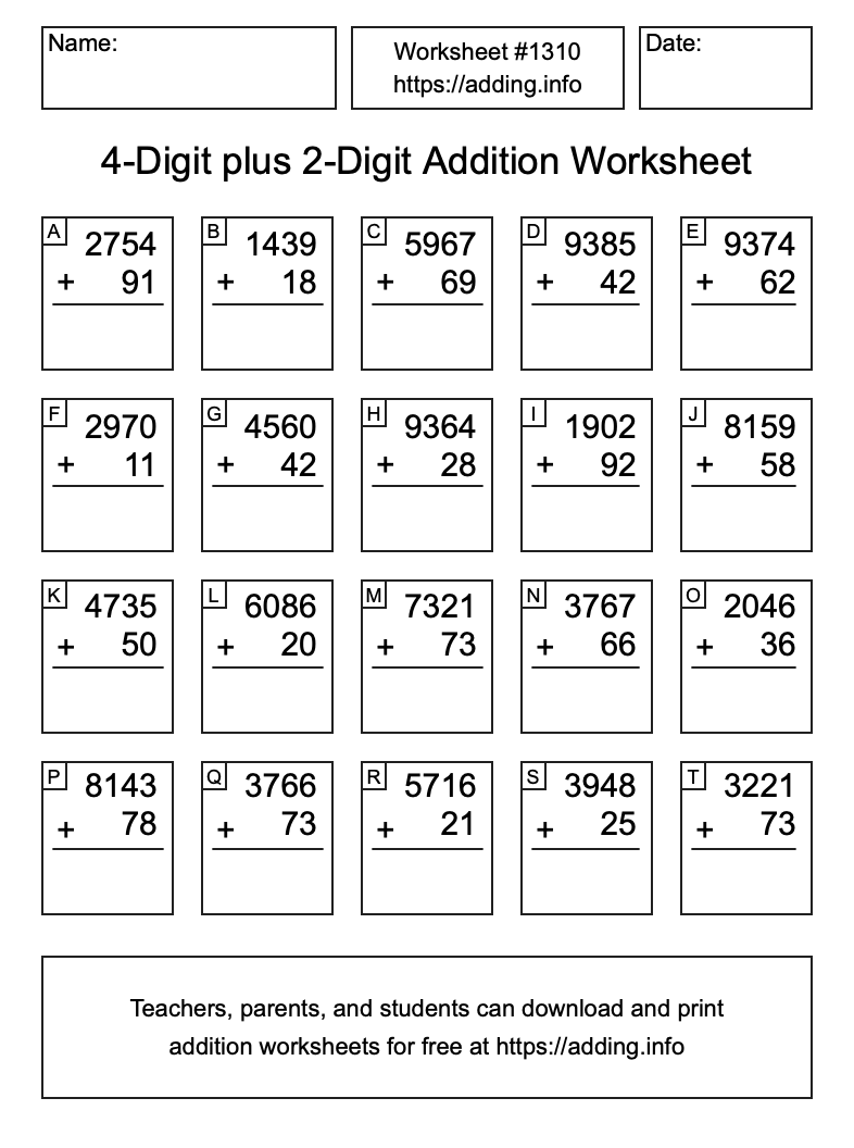 Addition Worksheet #1310 (4-Digit plus 2-Digit)