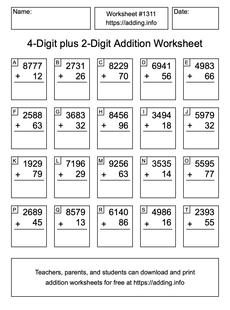 Addition Worksheet #1311 (4-Digit plus 2-Digit)