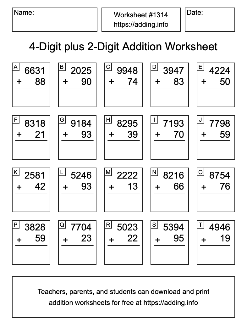 Addition Worksheet #1314 (4-Digit plus 2-Digit)