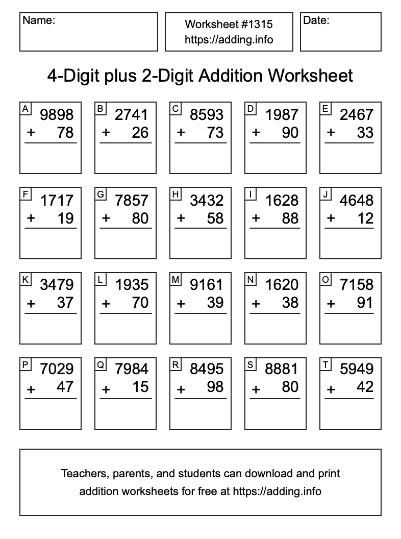 Addition Worksheet #1315 (4-Digit plus 2-Digit)