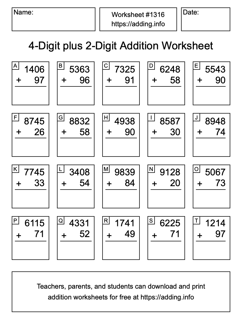 Addition Worksheet #1316 (4-Digit plus 2-Digit)