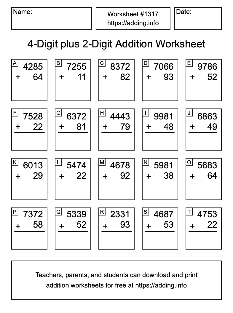 Addition Worksheet #1317 (4-Digit plus 2-Digit)
