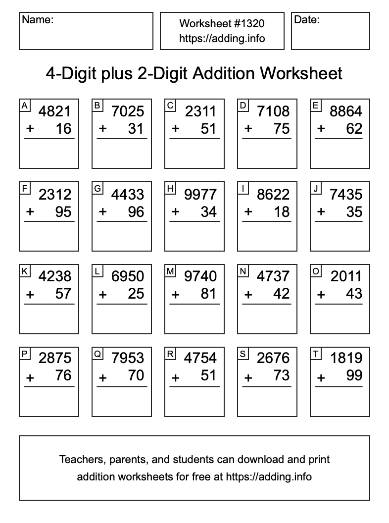 Addition Worksheet #1320 (4-Digit plus 2-Digit)