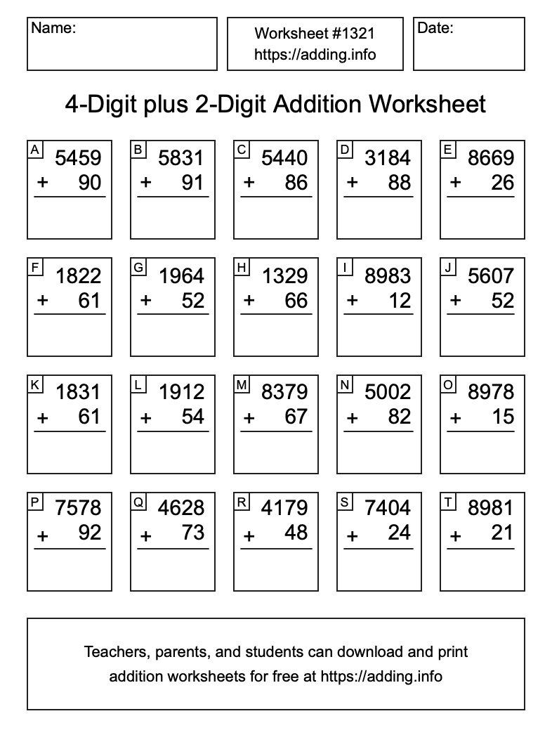 Addition Worksheet #1321 (4-Digit plus 2-Digit)