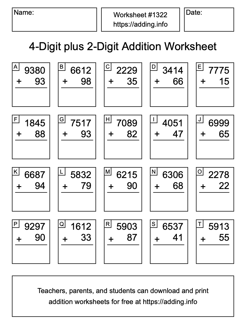 Addition Worksheet #1322 (4-Digit plus 2-Digit)