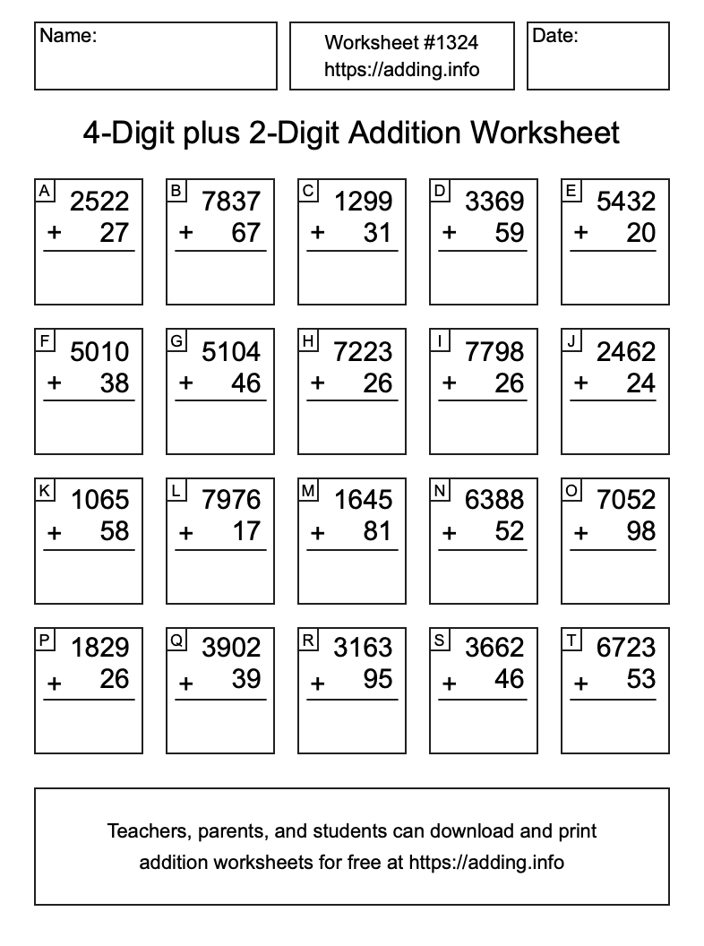 Addition Worksheet #1324 (4-Digit plus 2-Digit)