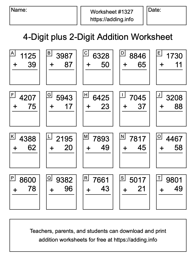 Addition Worksheet #1327 (4-Digit plus 2-Digit)