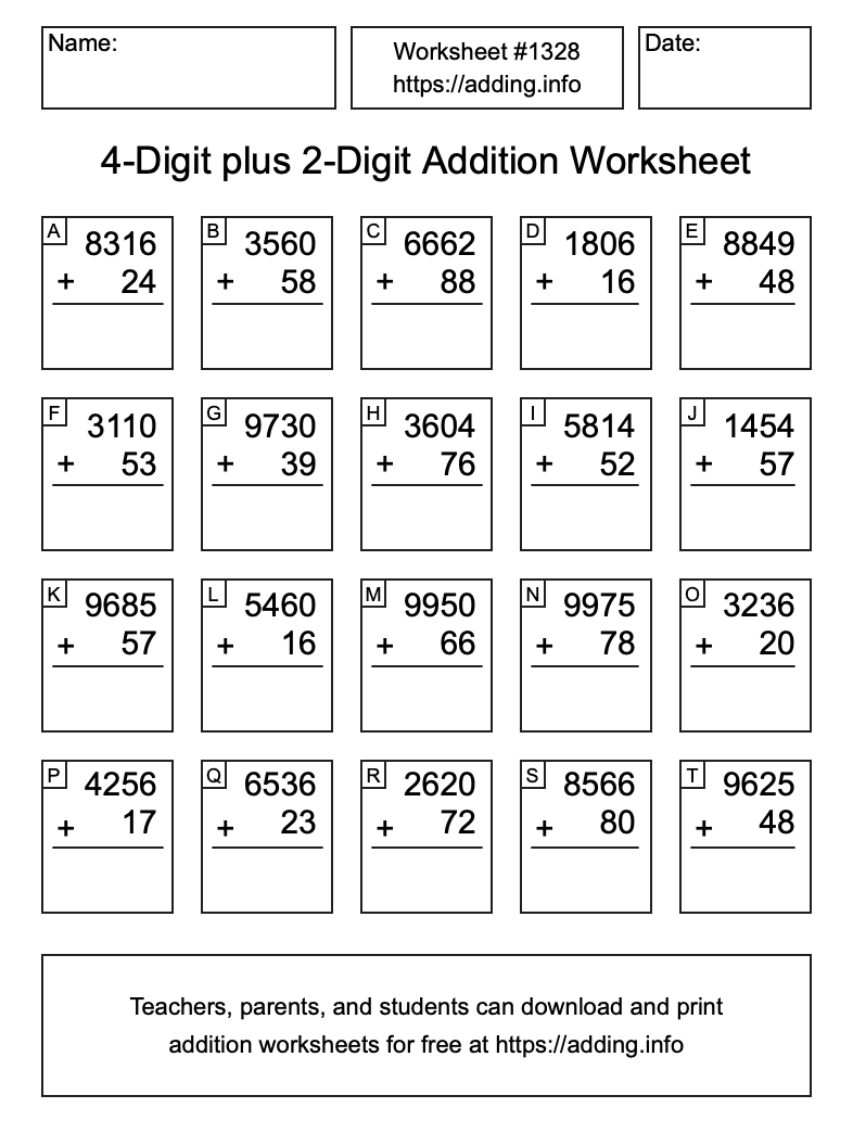 Addition Worksheet #1328 (4-Digit plus 2-Digit)