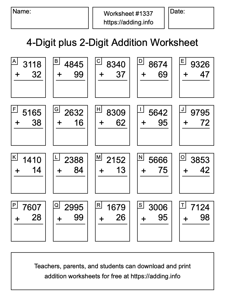 Addition Worksheet #1337 (4-Digit plus 2-Digit)