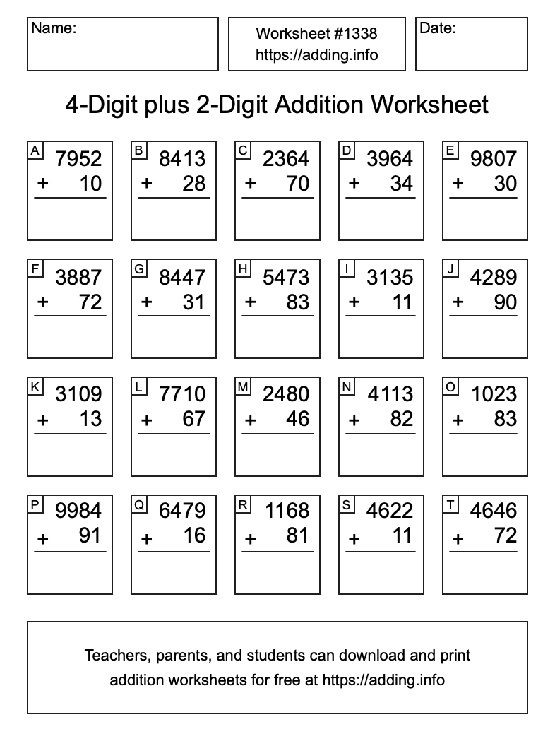 Addition Worksheet #1338 (4-Digit plus 2-Digit)