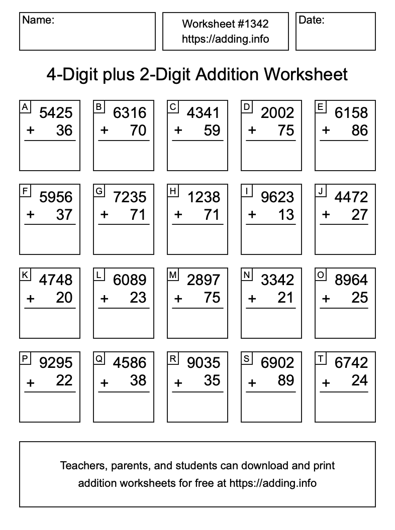 Addition Worksheet #1342 (4-Digit plus 2-Digit)
