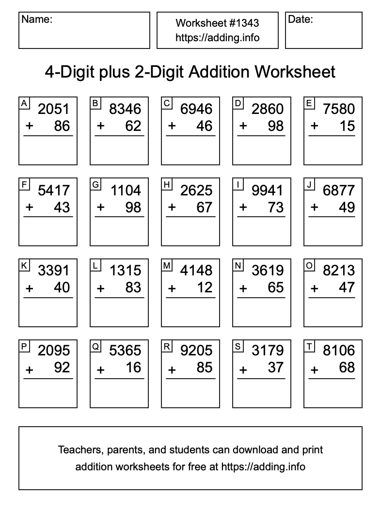 Addition Worksheet #1343 (4-Digit plus 2-Digit)
