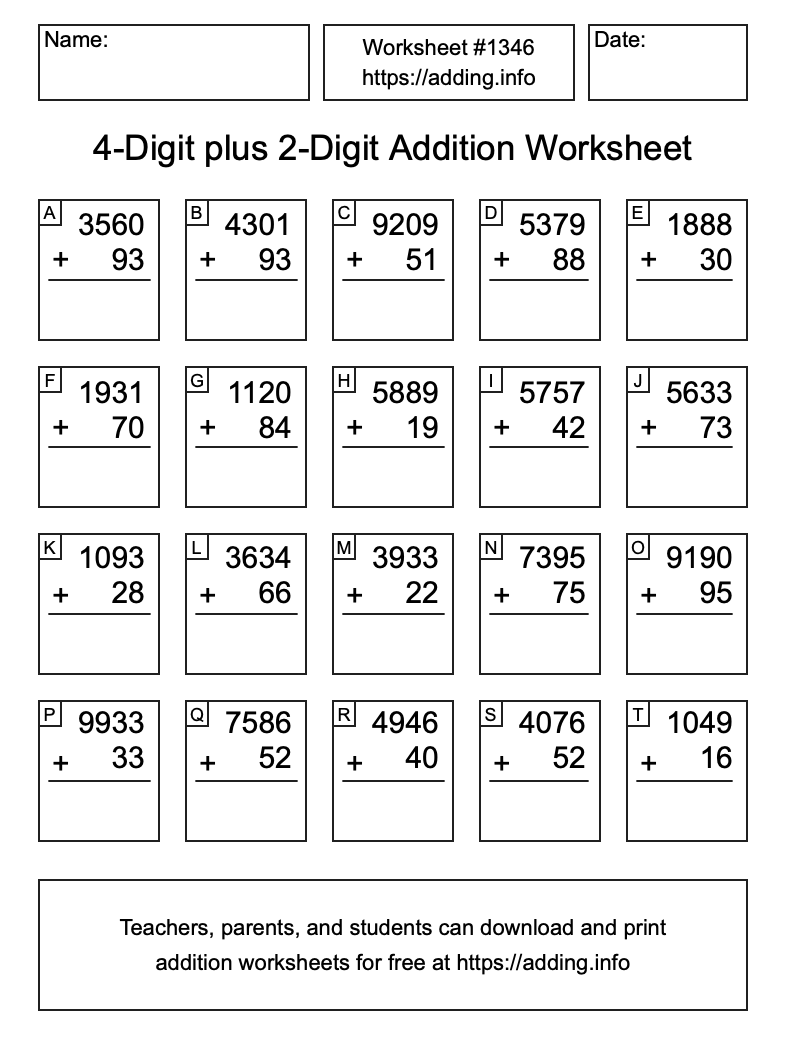 Addition Worksheet #1346 (4-Digit plus 2-Digit)