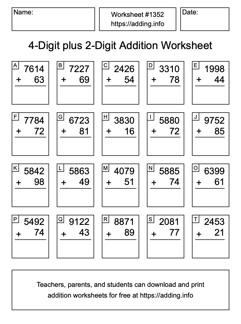 Addition Worksheet #1352 (4-Digit plus 2-Digit)