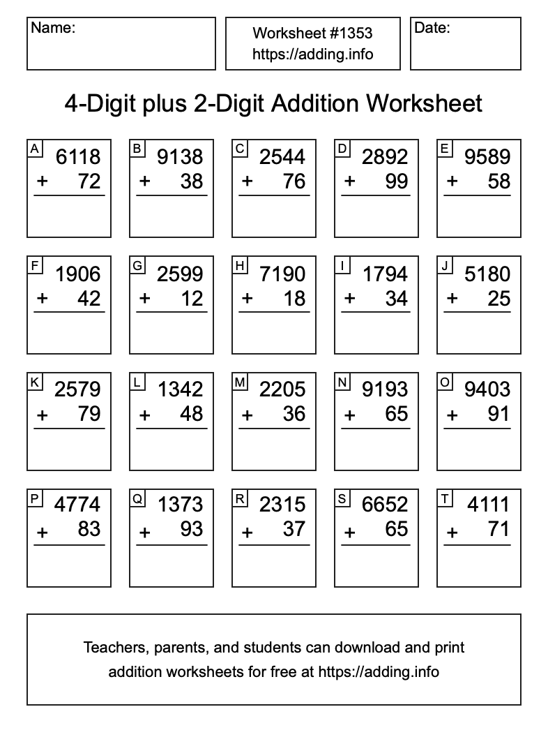 Addition Worksheet #1353 (4-Digit plus 2-Digit)