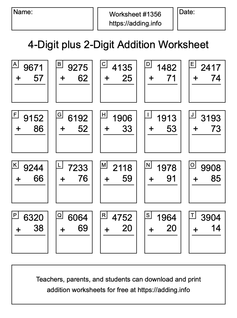 Addition Worksheet #1356 (4-Digit plus 2-Digit)